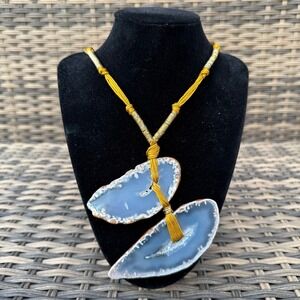 Vintage Agate Slice Necklace Blue Gray Druzy Stone Rockhound Statement Boho